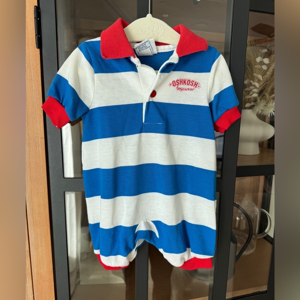 Vintage 80s Oshkosh B’Gosh romper shortall polo baby boy collar striped usa 90s